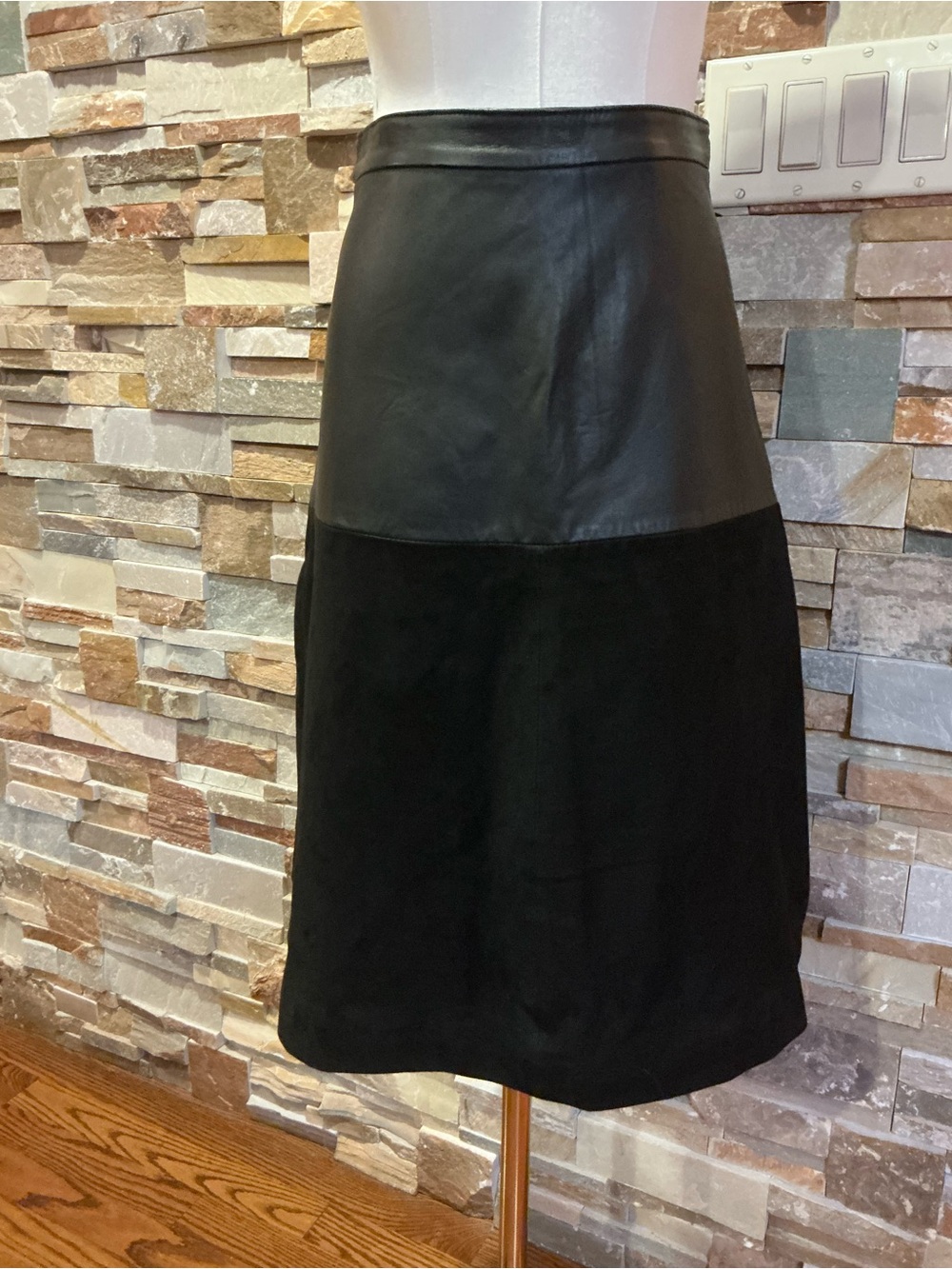 Reiss Black Leather and Suede A-Line Skirt